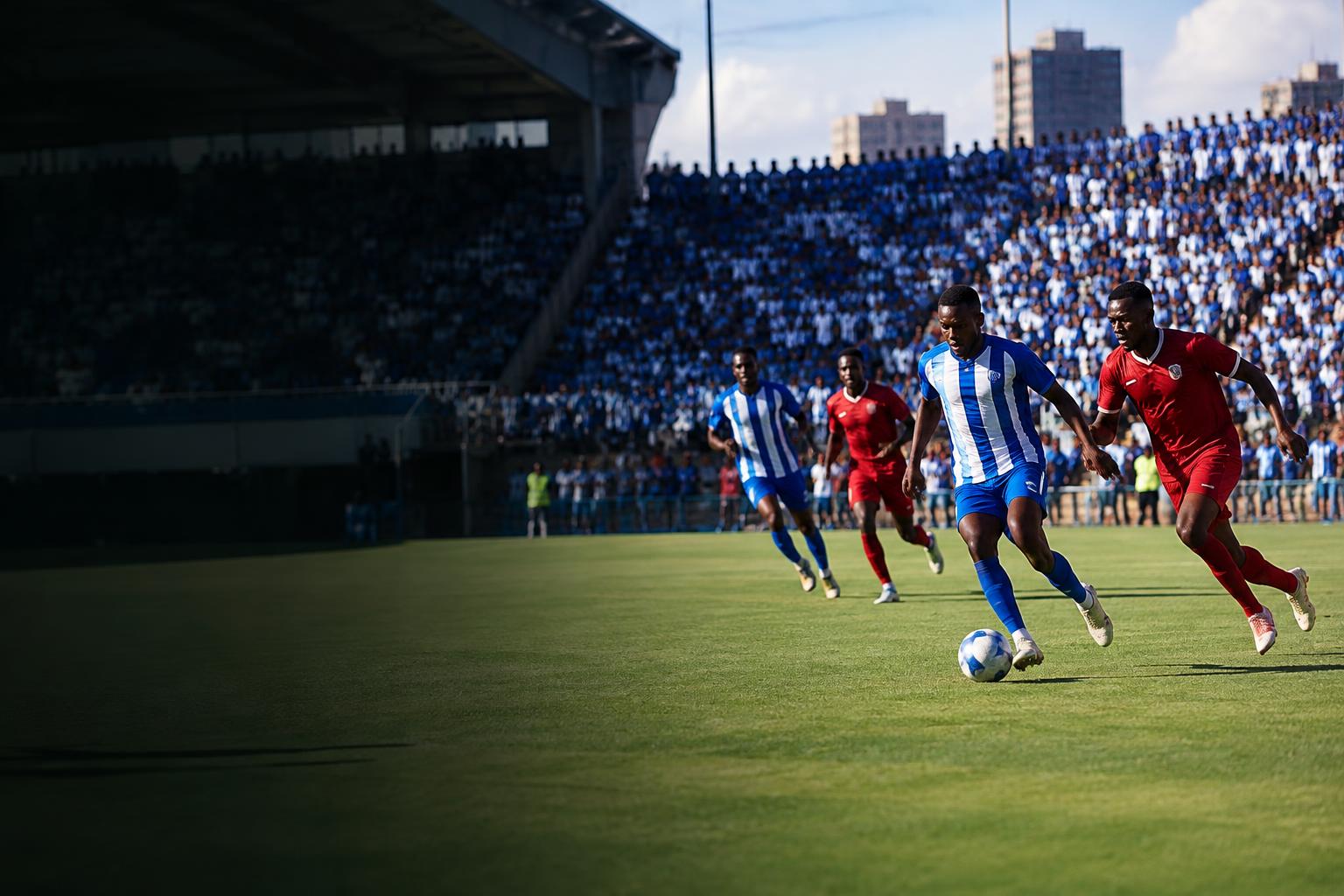 Footballers competing in front of a packed stadium